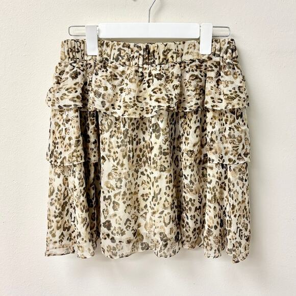 IRO Moody Leopard Print Silk High Rise Ruffled Mini Skirt Ecru Women's 38 / 6 - Picture 3 of 5